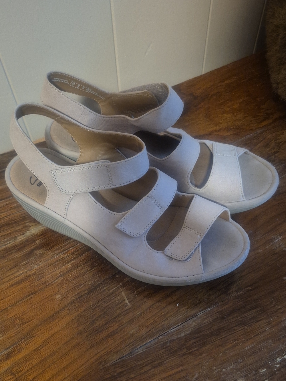 Clarks Triple-Strap Slingback Wedge Sandals in Light Beige